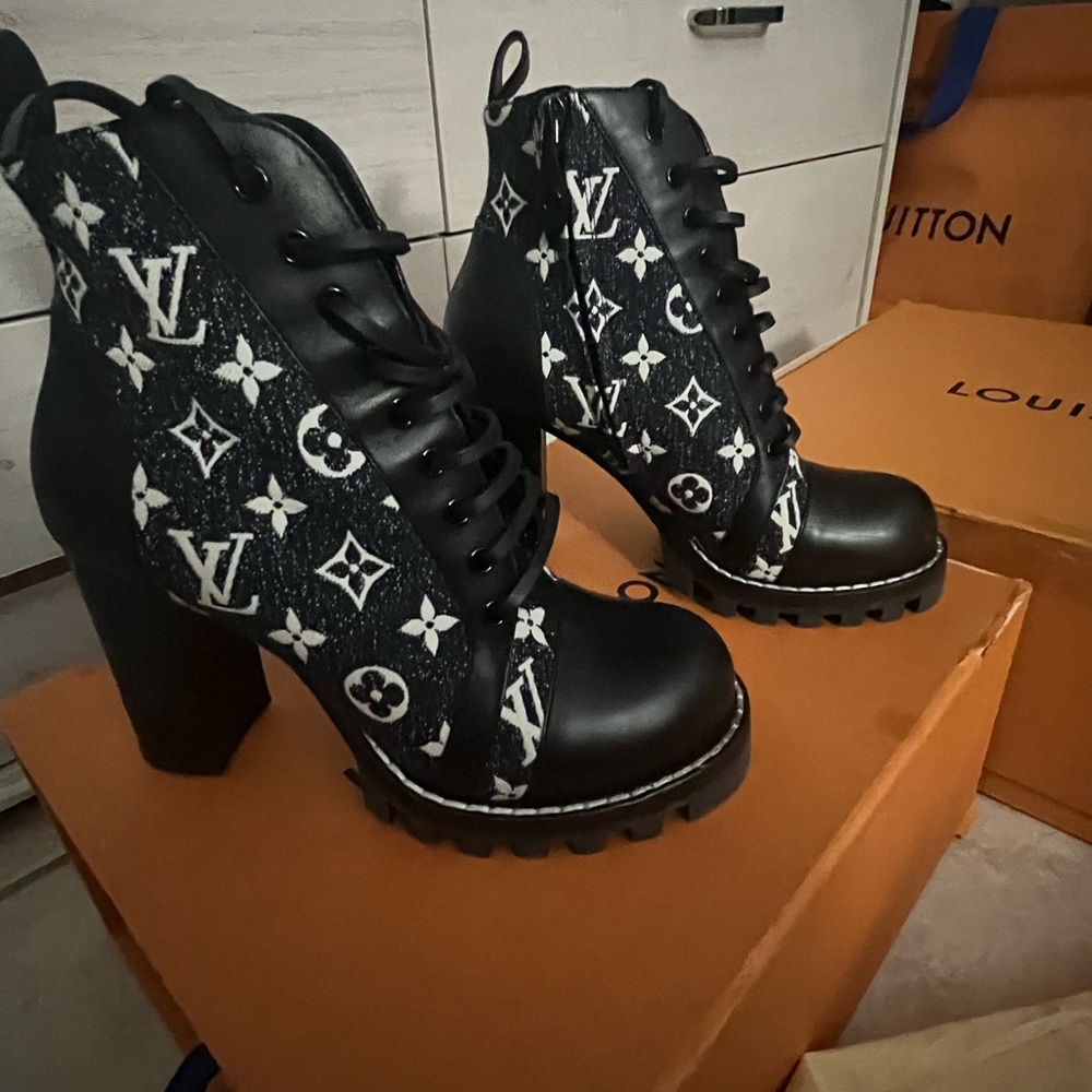 Louis Vuitton Denim Blue & Black Heeled Boots with Monogram Design
